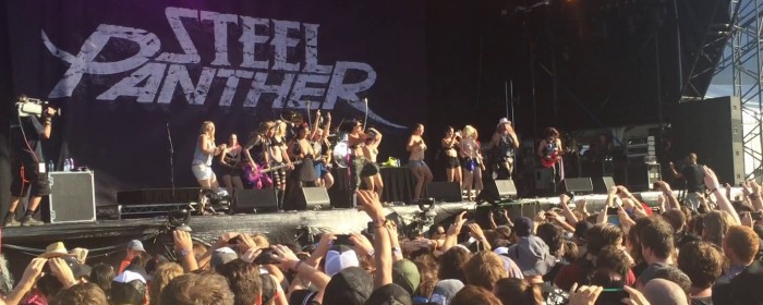Girls flashing their boobs onstage with Steel Panther at Soundwave Festival 2015 - Brisbane